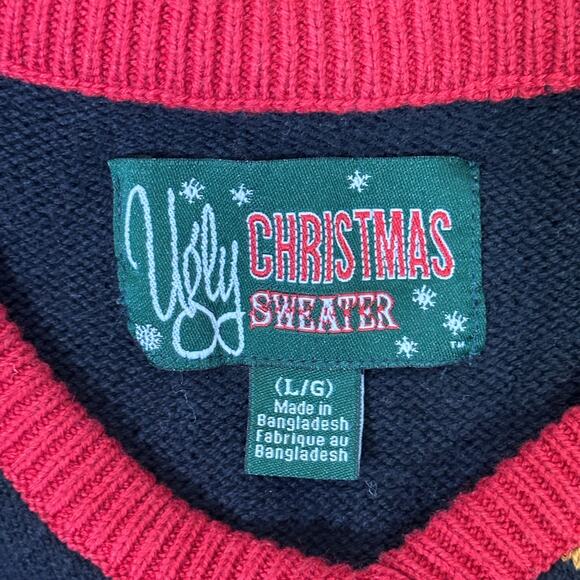 Ugly Christmas Sweater Vest Mens L Black Red Reindeer Santa Knit Holiday Retro - Picture 5 of 7
